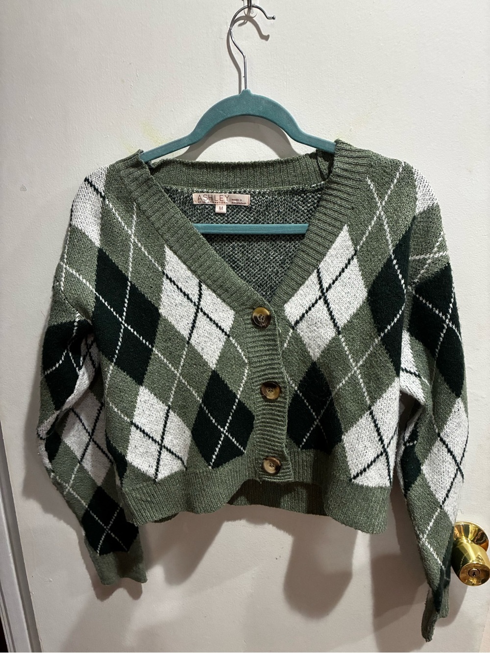Ashley By 26 International Olive and White Argyle V-Neck Button Cardigan